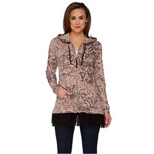 🩷🤎EUC LOGO LOUNGE by Lori Goldstein Zip Front Hoodie with Trim XS🤎🩷